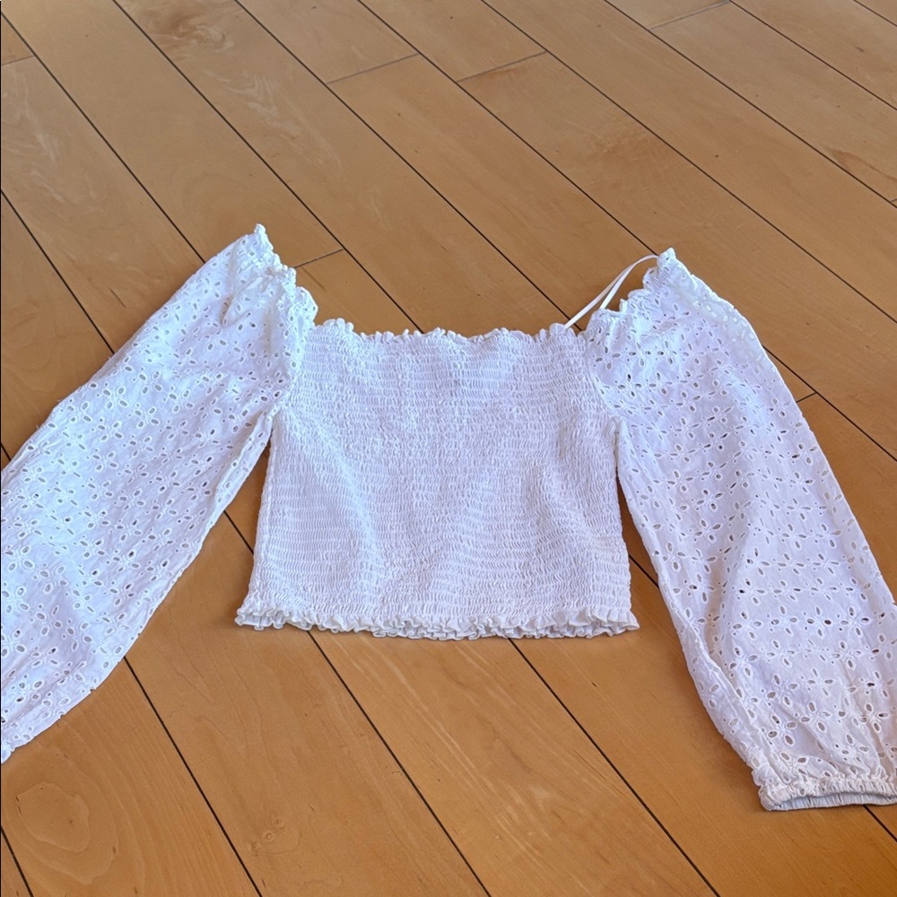 Raffi White Eyelet Smocked Crop Top with Puff Sleeves